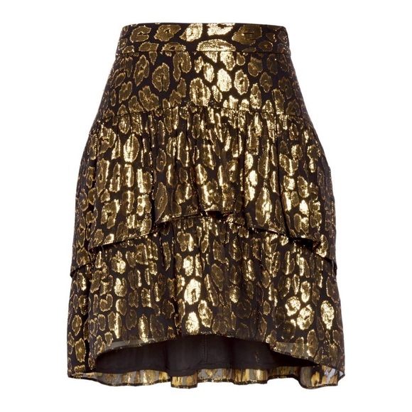 ALICE + OLIVIA Silk Metallic Shimmer Leopard Jacquard Ruffle Tier Mini Skirt 0 - Picture 9 of 9